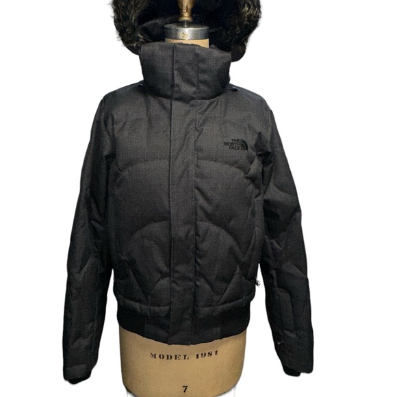 North Face Hooded Gray Quilted Puffer Elastic Waist Down Jacket Coat Size Small - Picture 2 of 13
